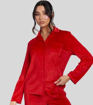 Loungeable Red Super Soft Velour Rib Buttoned Pyjama Set New Look
