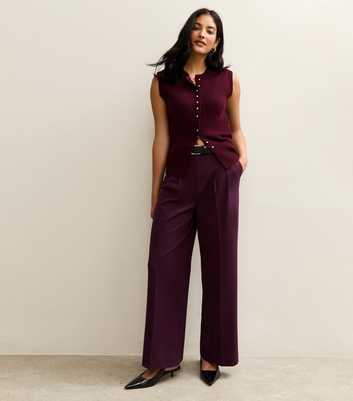 Plum Belted Wide Leg Tailored Trousers