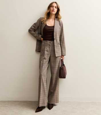 Brown Checked Wide Leg Pleat Front Trousers