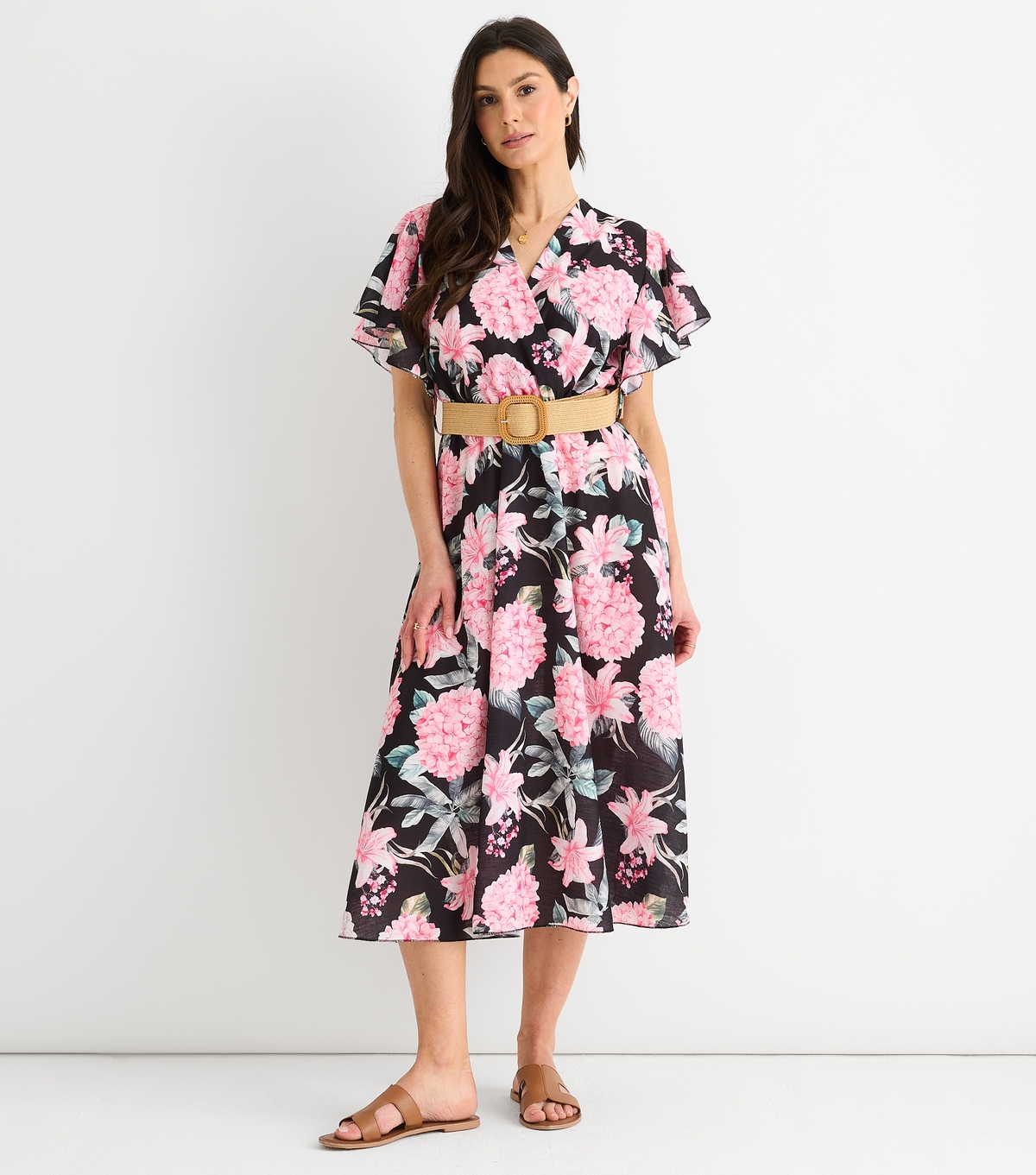 Gini London Women's Black Floral Print Wrap Style Midi Dress New Look Medium