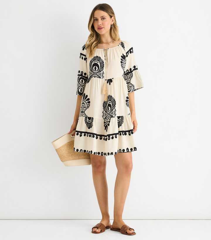 Gini London Cream Abstract Print Flared Mini Dress