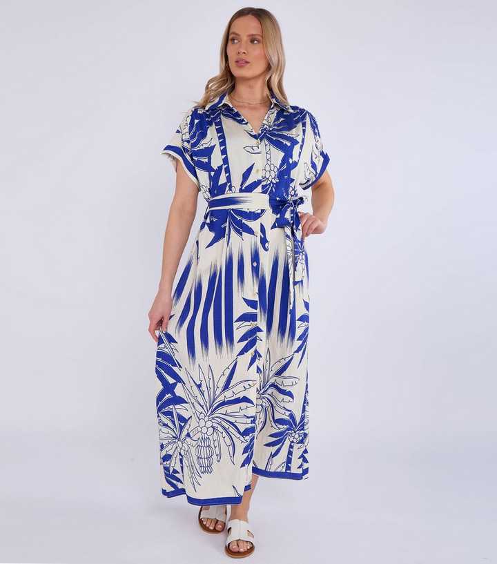Gini London Bright Blue Tropical Print Midi Shirt Dress New Look