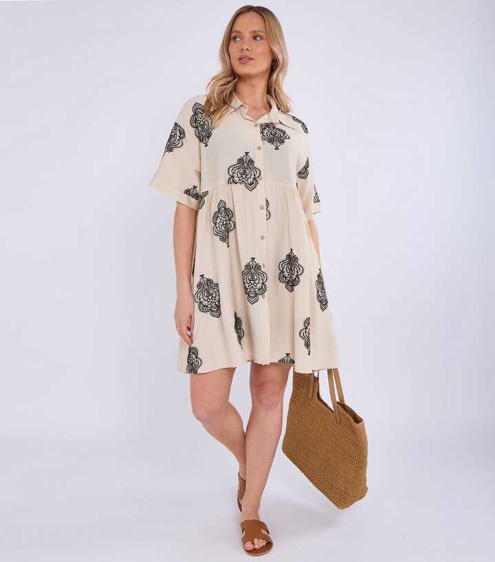 Gini London Cream Embroidered Smock Mini Shirt Dress