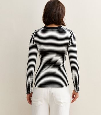Black and White Striped Long Sleeve Ribbed Jersey Top