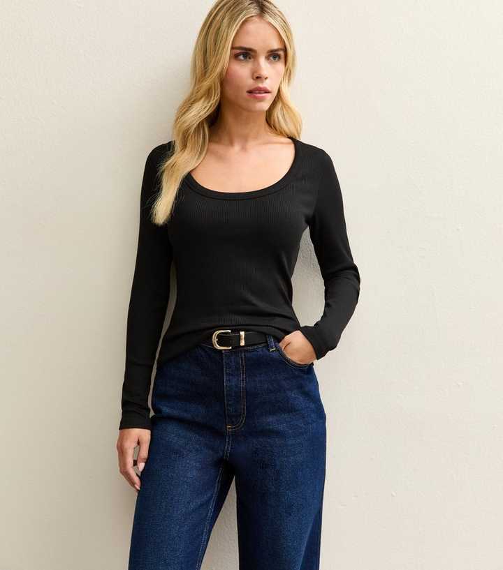 Petite Black Ribbed Jersey Scoop Neck Top