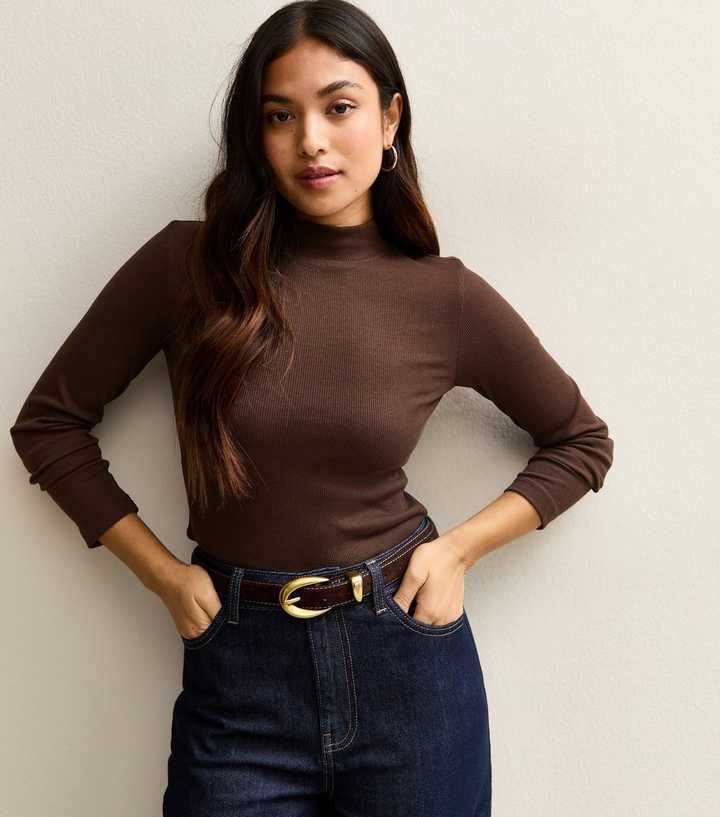 Petite Dark Brown High Neck Long Sleeve Top