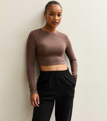 Petite Brown Crew Neck Long Sleeve Top