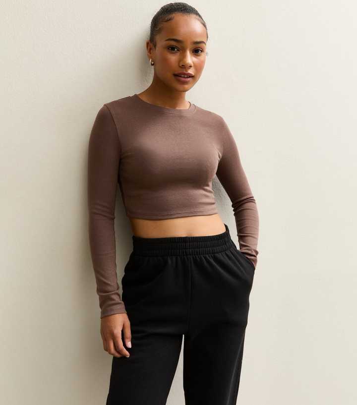 Petite Brown Crew Neck Long Sleeve Top