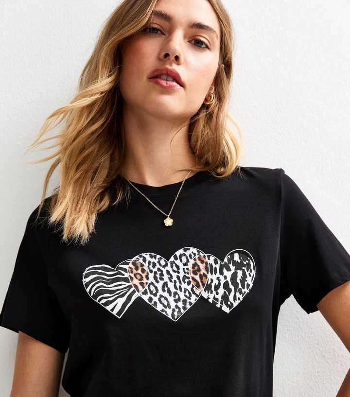 Black Patterned Heart Print T-Shirt