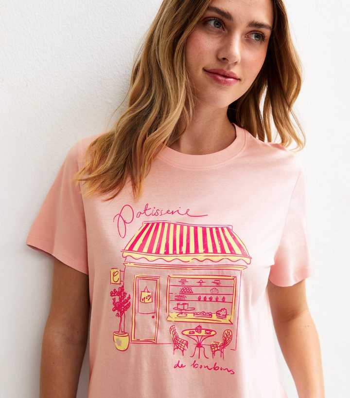 Light Pink Bakery Shop Print Relaxed Fit T-Shirt
