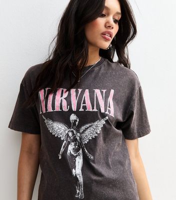 Dark Grey Oversized Acid Wash Nirvana Angel Print T-Shirt