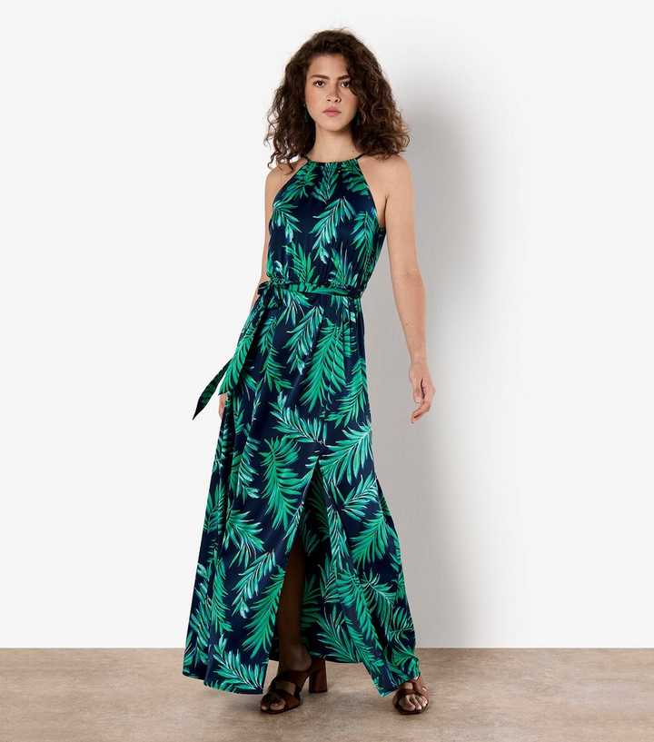 Apricot Navy Satin Leaf Print Slit Hem Maxi Dress | New Look Apricot Navy Satin Leaf Print Slit Hem Maxi Dress | New Look