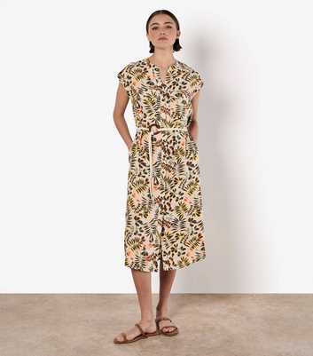 Apricot Stone Leaf Print Belted Midi Shirt Dress