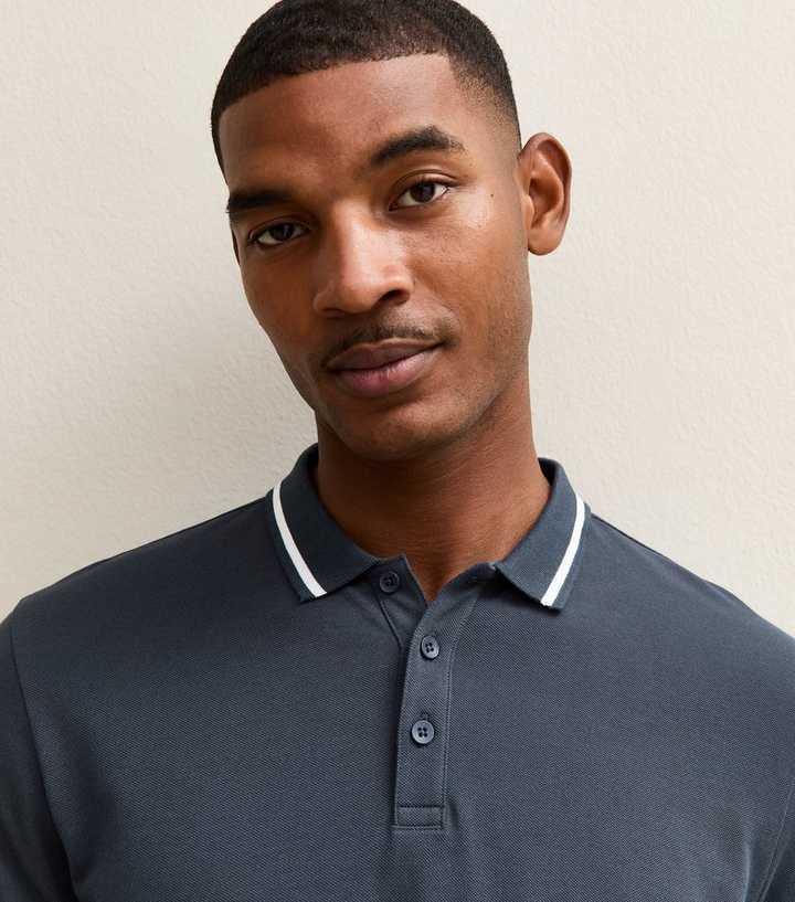 Navy Regular Pique Tipped Collar Polo Shirt