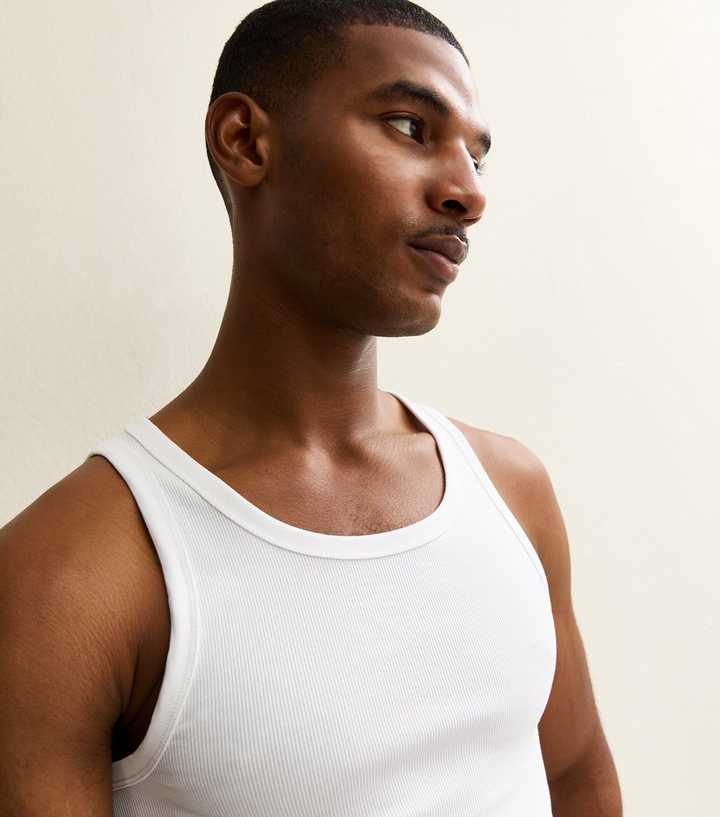 White Muscle Fit Ribbed Jersey Vest