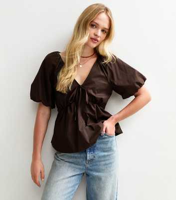 Dark Brown Poplin V-Neck Tea Top