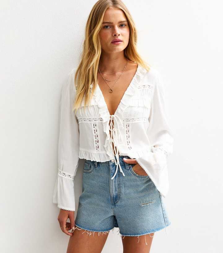 Haut Blanc Femme Sans Manches, Volants En Dentelle - Blouse Juniors