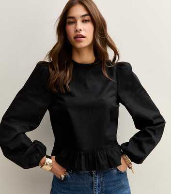 Black Cotton Ruffled Collar Long Sleeve Top