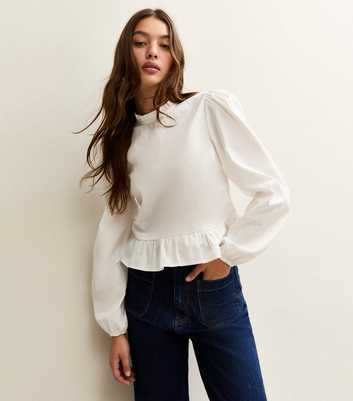 Off White Cotton Ruffled Collar Long Sleeve Top