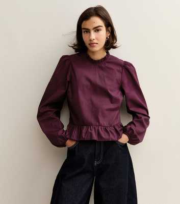 Burgundy Cotton Ruffled Collar Long Sleeve Top