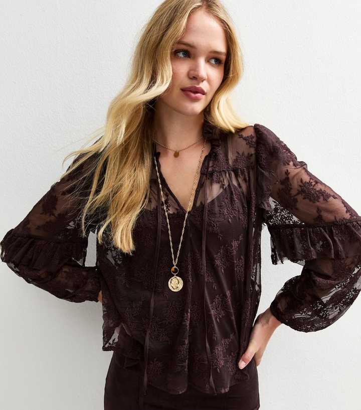 Plum Floral Lace High Neck Semi-Sheer Blouse