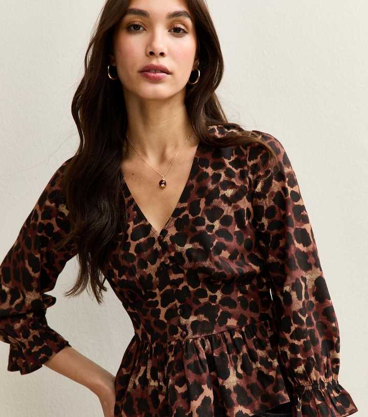 Brown Animal Print Cropped Sleeve Top