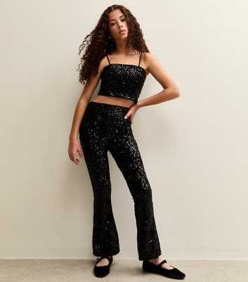 Girls Black Sequin Flare Trousers