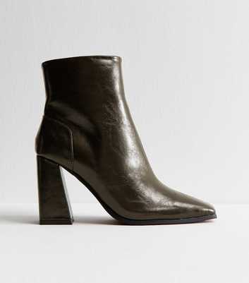 Dark Khaki Faux Leather Square Toe Ankle Boots