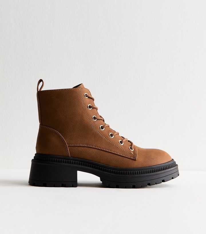 Tan Faux Leather Lace Up Ankle Boots