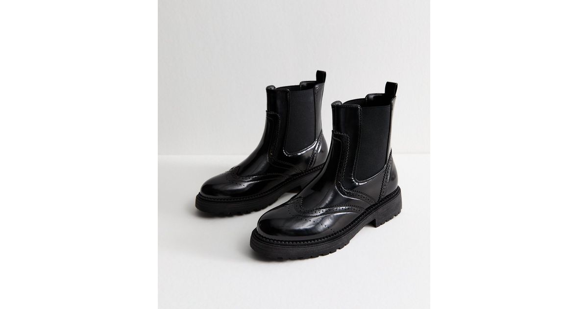 Black Patent Brogue Chunky Chelsea Boots New Look