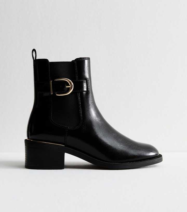 Black Faux Leather Buckle Detail Ankle Boots