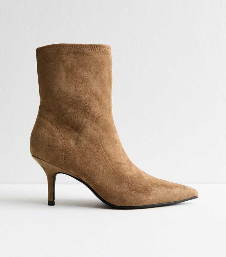 Camel Faux Suede Pointed Toe Sock Boots