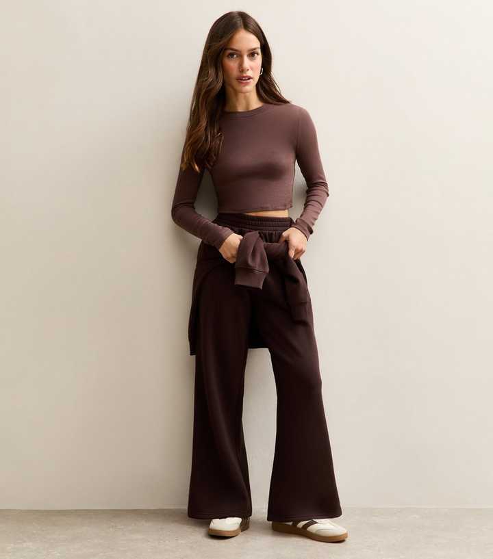 Petite Dark Brown Jersey Wide Leg Joggers
