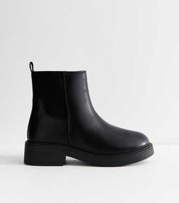 Wide Fit Black Faux Leather Chunky Sole Chelsea Ankle Boots