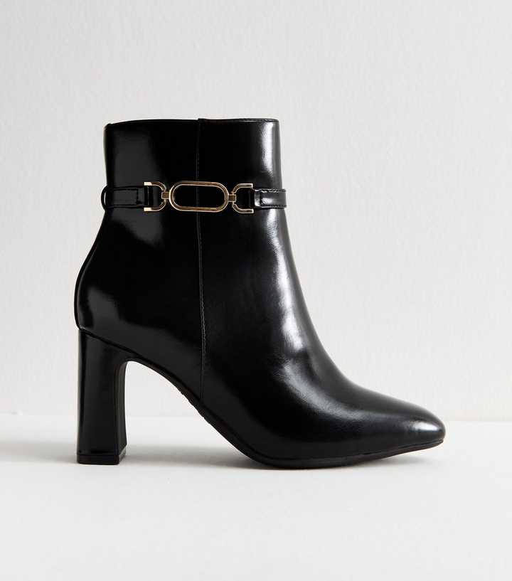 Wide Fit Black Faux Leather Chain Trim Ankle Boots
