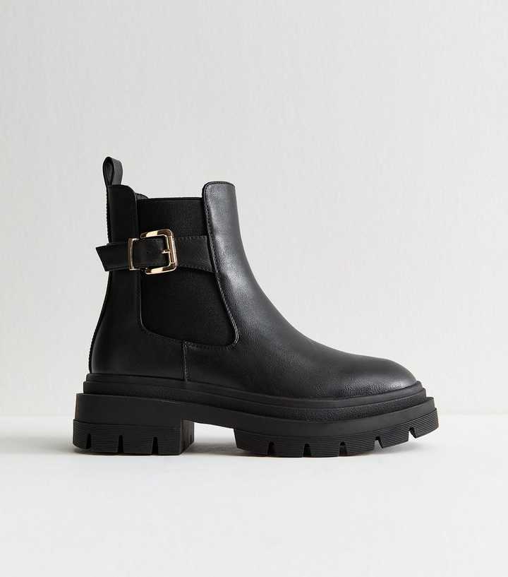 Wide Fit Black Faux Leather Chunky Chelsea Boots