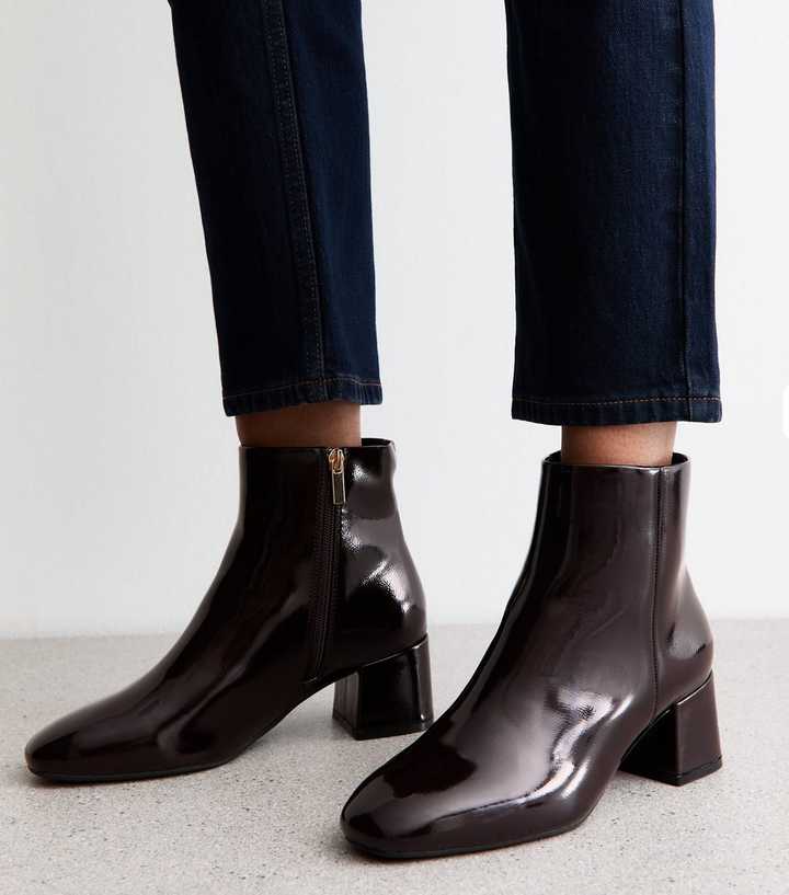 Wide Fit Dark Burgundy Faux Patent Leather Block Heel Boots New Look