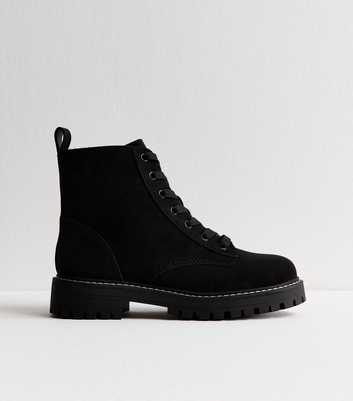 Wide Fit Black Faux Suede Chunky Lace Up Boots