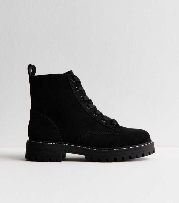 Wide Fit Black Faux Suede Chunky Lace Up Boots