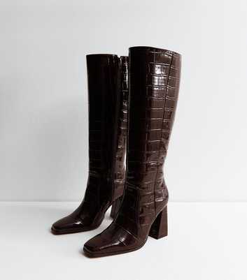 Brown Crocodile Effect Faux Leather Boots