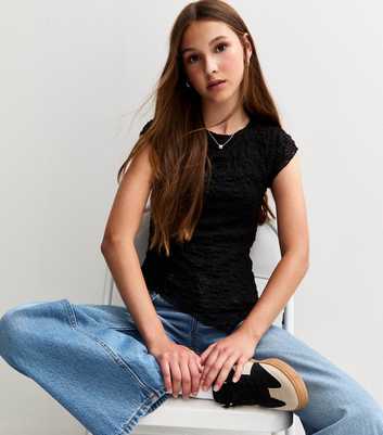 Girls Black Asymmetric Hem Lace Top
