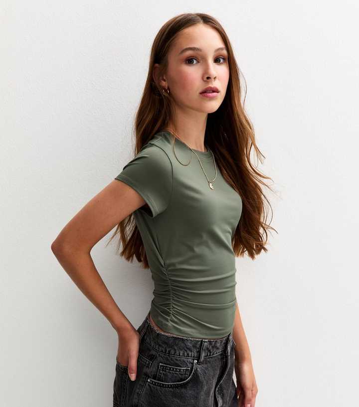 Girls Light Khaki Ruched Side Cap Sleeve T-Shirt