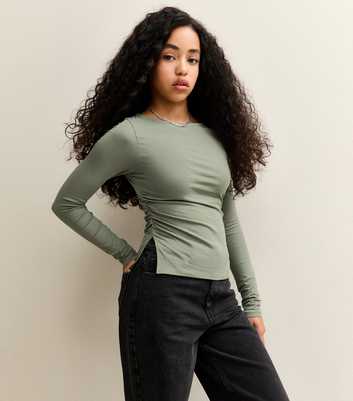 Girls Dark Khaki Long Sleeve Ruched Side Slit Top
