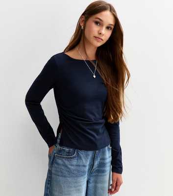 Girls Navy Long Sleeve Ruched Side Slit Top