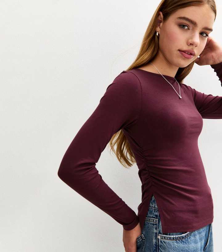 Girls Dark Burgundy Long Sleeve Ruched Side Slit Top