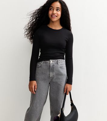 Girls Black Ribbed Baby Tee Long Sleeve Top