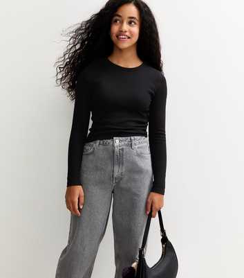 Girls Black Ribbed Baby Tee Long Sleeve Top