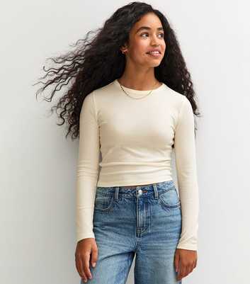 Girls Off White Ribbed Baby Tee Long Sleeve Top