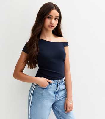 Girls Navy One Shoulder T-Shirt