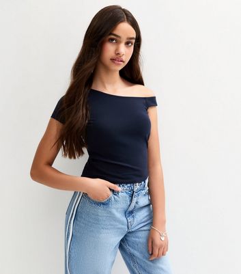 Girls Navy One Shoulder T-Shirt